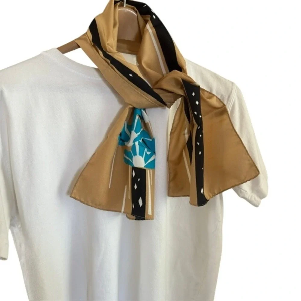 Vera Silk Scarf Vintage 60s 70s Tan Blue Floral Black Geometric‎ Motif